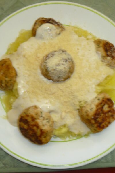 Growing in Grace | Spaghetti Squash with Alfredo Sauce and Meatballs